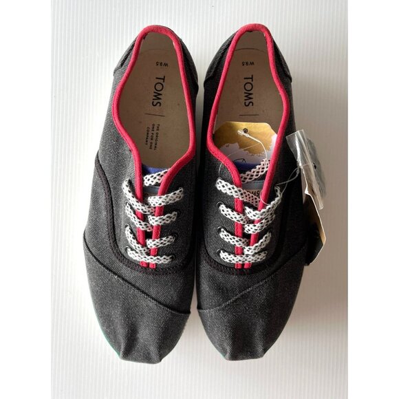 TOMS Black Washed Canvas Cordones Boardwalk Shoes w/ Red Trim Size 9.5 (US) NWOB - Picture 2 of 10
